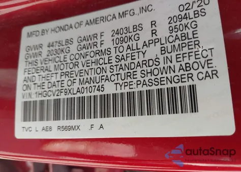 2020 Honda Accord Touring from USA, damaged, VIN 1HGCV2F9XLA010745